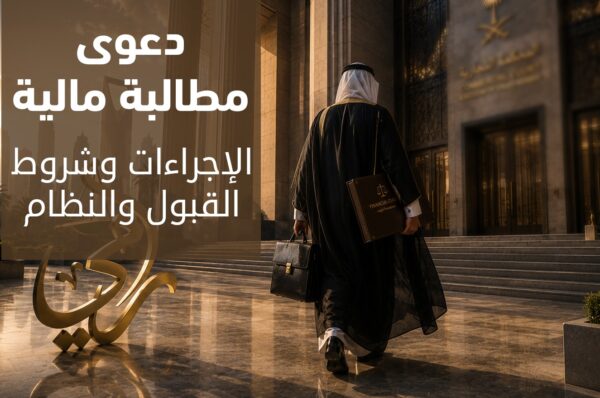 إجراءات ودعوى مطالبة مالية في السعودية - شروط القبول والنظام تصميم يوضح إجراءات وشروط قبول دعوى مطالبة مالية في السعودية يظهر فيه محامٍ يحمل ملفات يتجه إلى المحكمة التجارية