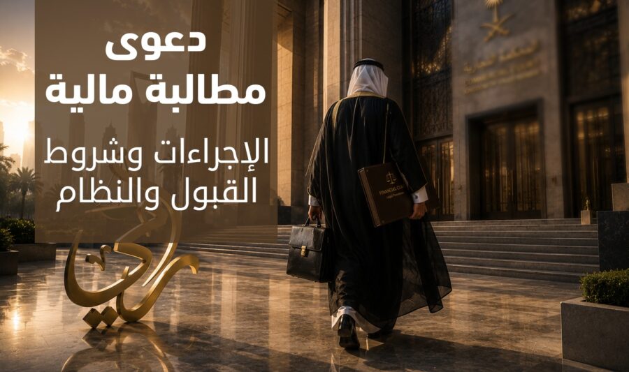 تصميم يوضح إجراءات وشروط قبول دعوى مطالبة مالية في السعودية يظهر فيه محامٍ يحمل ملفات يتجه إلى المحكمة التجارية