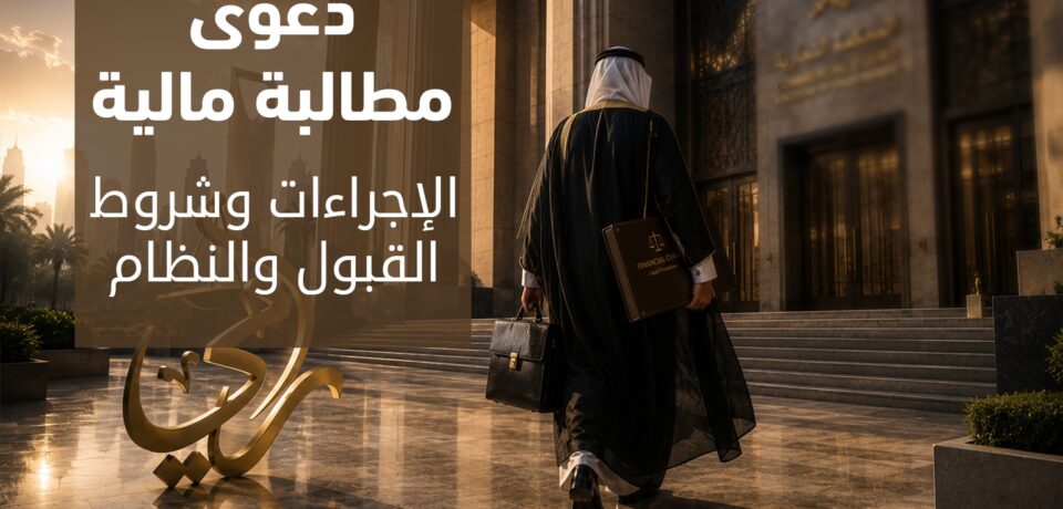إجراءات ودعوى مطالبة مالية في السعودية - شروط القبول والنظام تصميم يوضح إجراءات وشروط قبول دعوى مطالبة مالية في السعودية يظهر فيه محامٍ يحمل ملفات يتجه إلى المحكمة التجارية