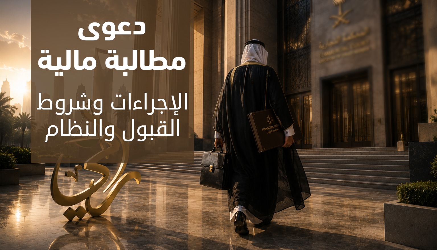 تصميم يوضح إجراءات وشروط قبول دعوى مطالبة مالية في السعودية يظهر فيه محامٍ يحمل ملفات يتجه إلى المحكمة التجارية