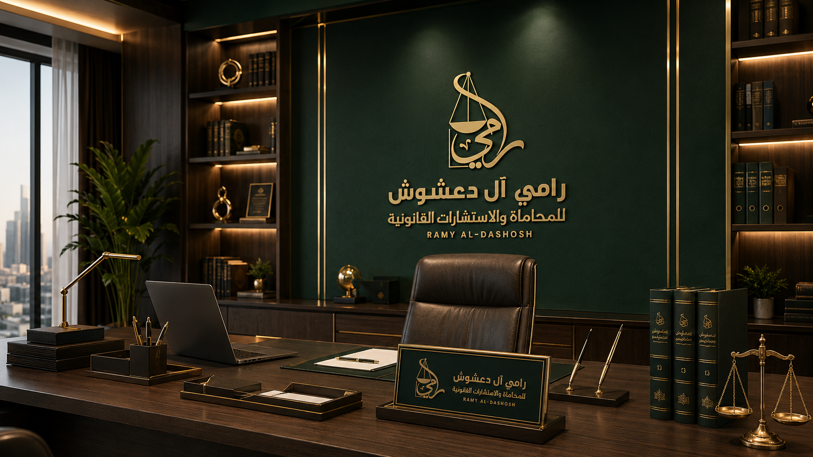 صورة احترافية تعبر عن خدمات المحاماة والاستشارات القانونية والعقارية لشركة المحامي رامي آل دعشوش