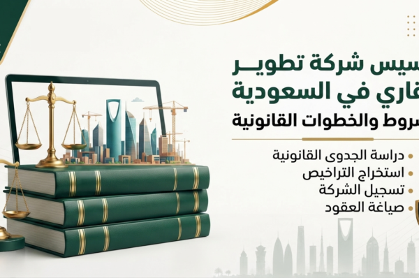 إنفوجرافيك قانوني من ناجز يوضح خطوات تأسيس شركة تطوير عقاري في السعودية. الصورة تحتوي على ميزان العدالة، كتب قانونية، وشاشة كمبيوتر تعرض مدينة الرياض، مع قائمة بالشروط والخطوات المطلوبة.