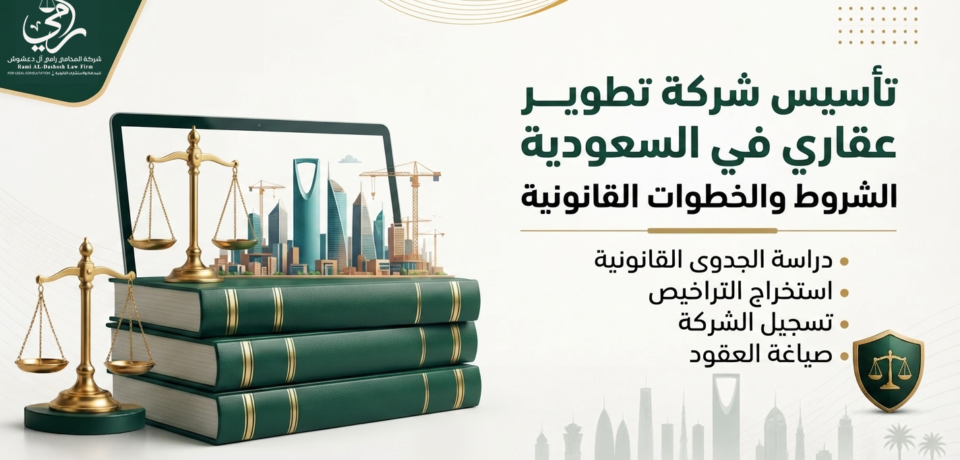 تأسيس شركة تطوير عقاري في السعودية: الشروط والإجراءات القانونية إنفوجرافيك قانوني من ناجز يوضح خطوات تأسيس شركة تطوير عقاري في السعودية. الصورة تحتوي على ميزان العدالة، كتب قانونية، وشاشة كمبيوتر تعرض مدينة الرياض، مع قائمة بالشروط والخطوات المطلوبة.