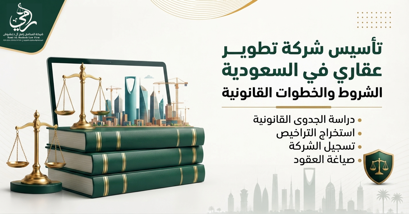 إنفوجرافيك قانوني من ناجز يوضح خطوات تأسيس شركة تطوير عقاري في السعودية. الصورة تحتوي على ميزان العدالة، كتب قانونية، وشاشة كمبيوتر تعرض مدينة الرياض، مع قائمة بالشروط والخطوات المطلوبة.