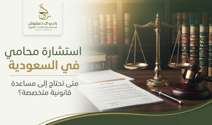صورة ترويجية لمقال قانوني بعنوان "استشارة محامي في السعودية" مقدم من مكتب "رامي آل دعشوش للمحاماة والاستشارات القانونية"، تظهر ميزان العدالة الذهبي ومطرقة القاضي على مكتب خشبي أمام مكتبة قانونية.