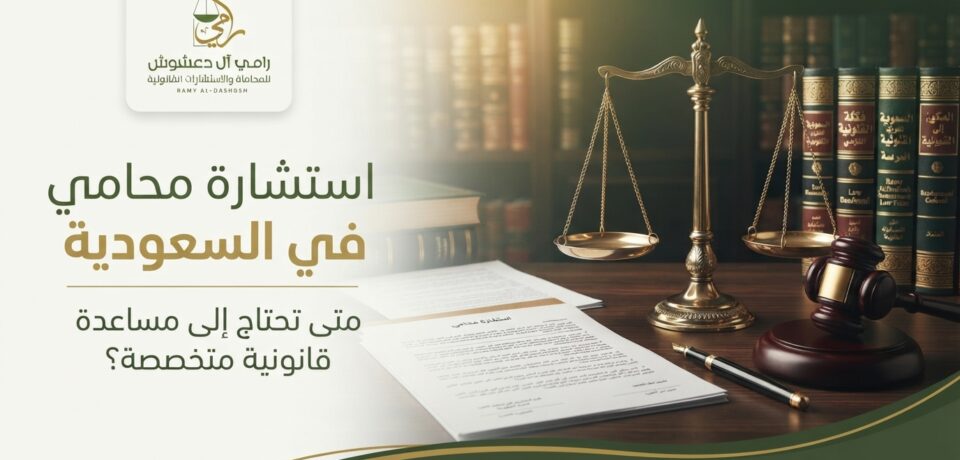 استشارة محامي في السعودية صورة ترويجية لمقال قانوني بعنوان "استشارة محامي في السعودية" مقدم من مكتب "رامي آل دعشوش للمحاماة والاستشارات القانونية"، تظهر ميزان العدالة الذهبي ومطرقة القاضي على مكتب خشبي أمام مكتبة قانونية.